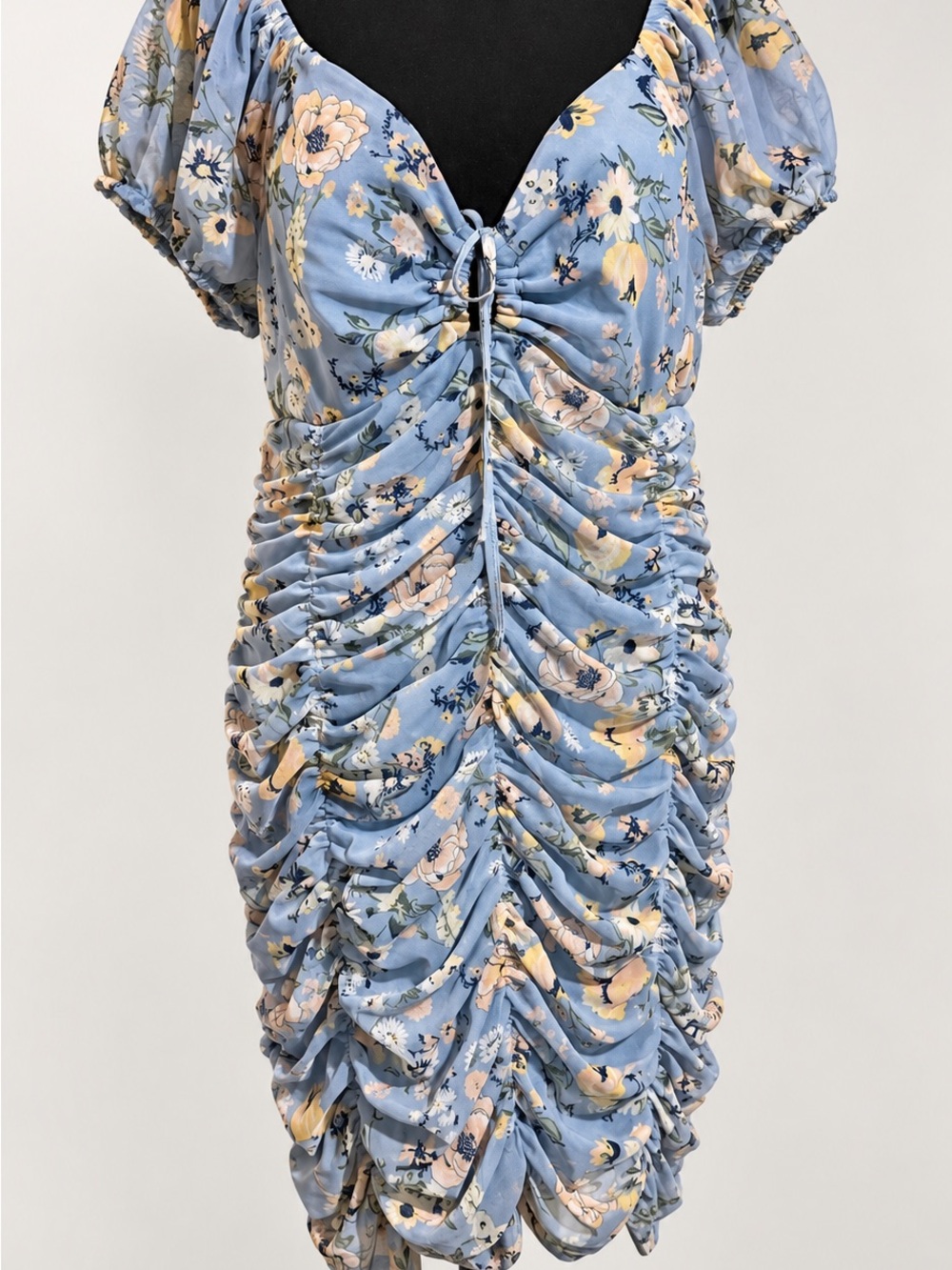 Madden NYC XXL Floral Ruched Bodycon Mini Dress Puff Sleeve Blue